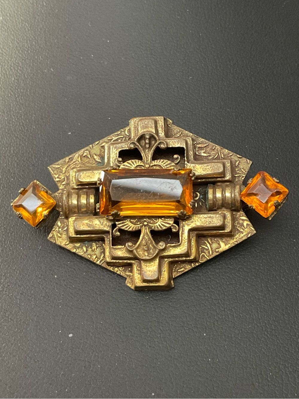 Art Deco Amber Glass & Brass Brooch 1947